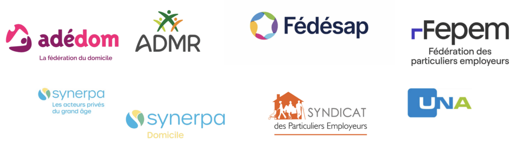 logo ADMR Adédom la Fédésap, la Fepem le Synerpa le Synerpa Domicile et le Syndicat des Particuliers Employeurs