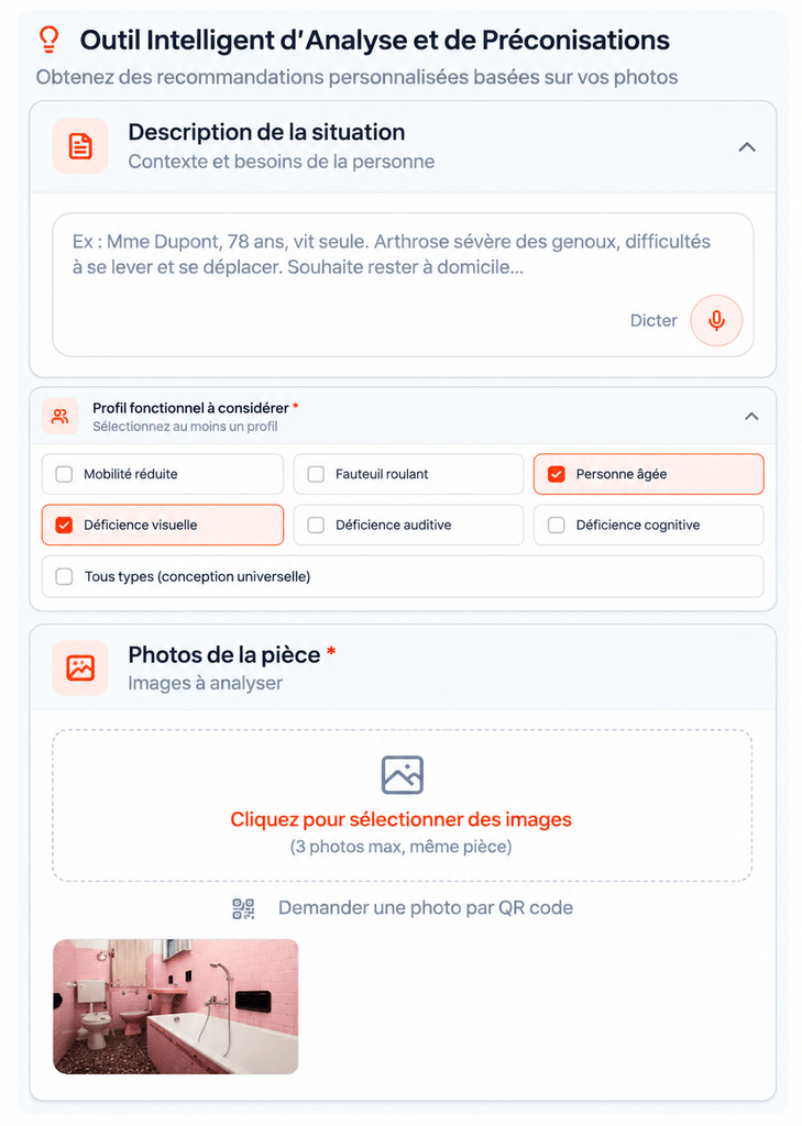 Interface JulIA HomeScan permettant d'analyser les photos d'un logement pour identifier les risques et proposer des adaptations.